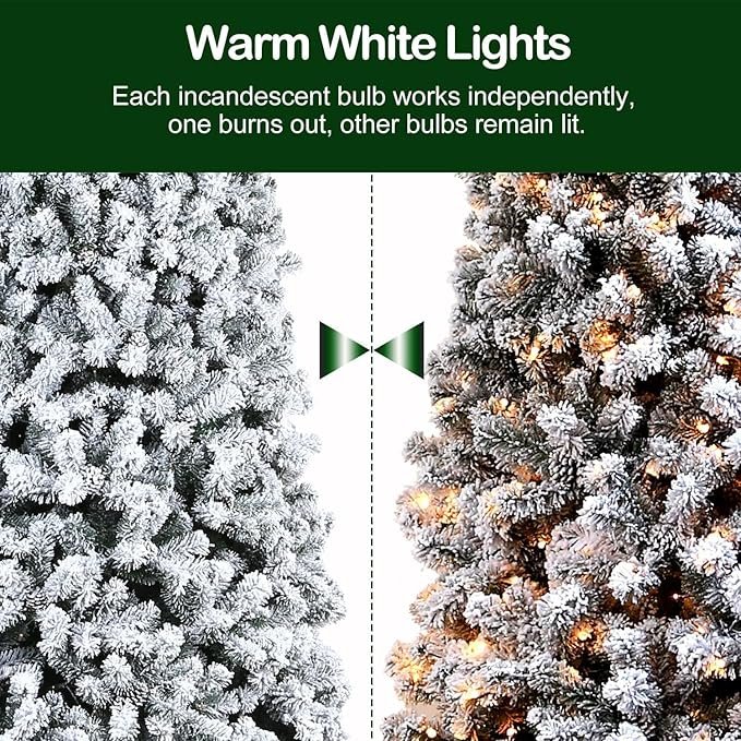 4 Hykolity 7.5 ft Snow Flocked Christmas Tree with Pine Cones, Artificial Christmas Tree wih 450 Warm White Lights, 1446 Tips, Metal Stand and Hinged Branches