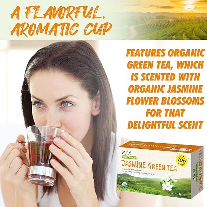 5 Fusion Organic Jasmine Green Tea - Fresh & Relaxing 100 Jasmine Tea Bags Blend Traditionally Scented with Jasmine Blossoms, Refreshing Floral Fragrance - Green Tea Jasmine Bags, 6oz(170g)