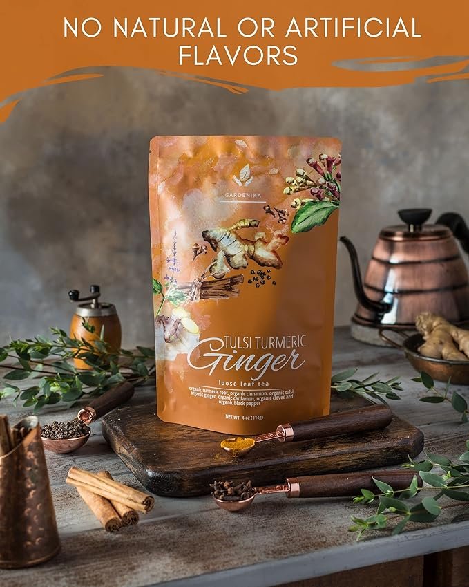 1 Gardenika Organic Tulsi Turmeric Ginger Loose Leaf Tea - Herbal, Caffeine-Free, KSA Kosher - 4oz (1 Pack)