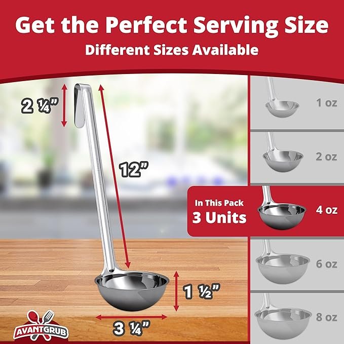 1 Durable 4 Oz. Soup Ladle Set of 3 - Long Handled Stainless Steel Ladles for Soup, Chili, and Stew in Restaurants and Home