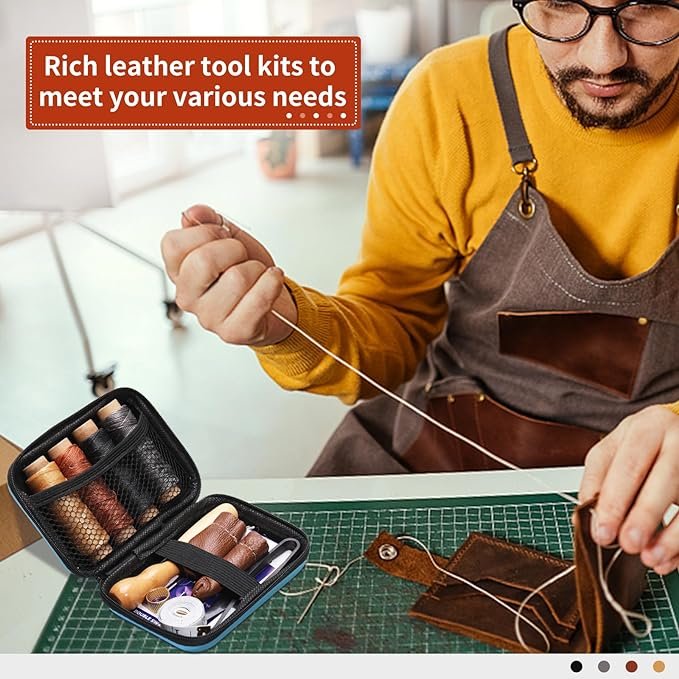 4 Leather Craft Sewing Set, Tool Kit for Leather Crafting, Complete Leather Working Set including Large-Eye Stitching Needles and Waxed Thread, Upholstery Repair Kit for Leather, DIY Leather Crafting Tools