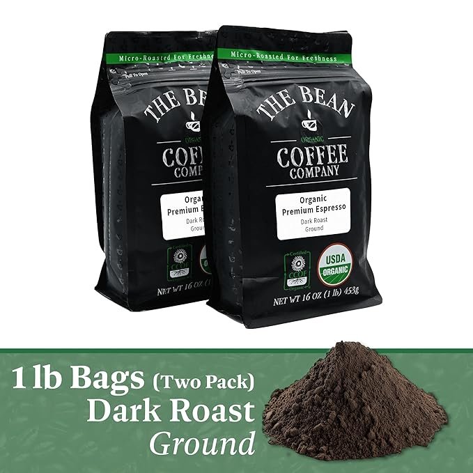 1 The Bean Organic Coffee Company Premium Espresso, Dark Roast, Ground Coffee, 16-Ounce Bags (Pack of 2), Café molido tostado orgánico