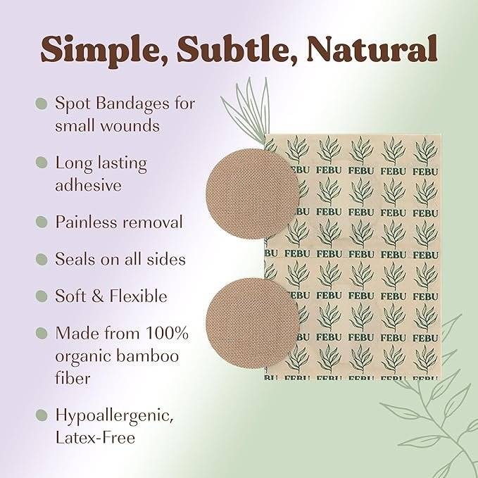 2 FEBU Eco-Friendly Organic Bamboo Fabric Bandages | PFAS Free Bandages for Scrapes & Cuts | Flexible Fabric Bandages | Latex Free Bandages | Fully Compostable | 50 Count Spot Bandages