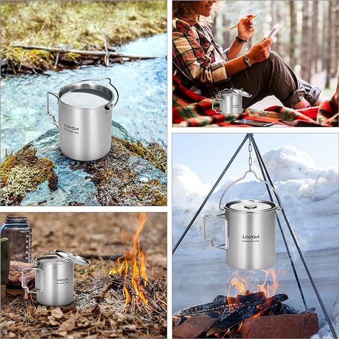 4 Lixada Outdoor Stainless Steel Camping Mug with Foldable Handles and Lid, 750ml