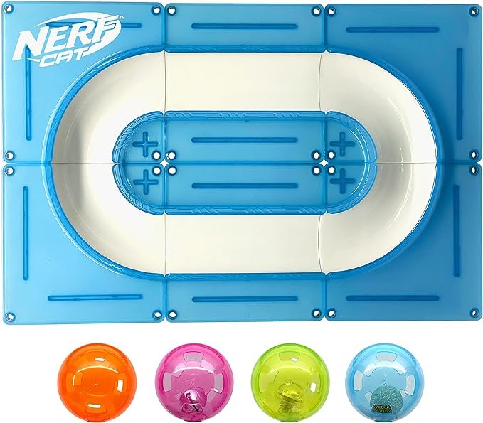 2 Nerf Cat Gift Set Box - 15in x 10in ABS Turbo Cat Track with 2 inch Hollow Ball and 2 inch Bell Ball and 2 inch LED Ball and 2 inch Catnip Ball