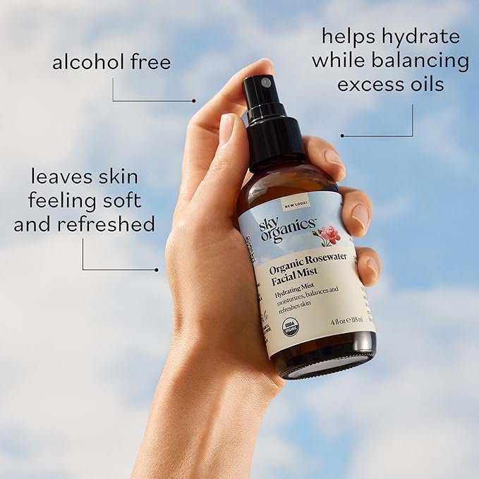 6 Sky Organics Organic Rosewater Facial Mist for Face, 100% Pure & Steam-Distilled USDA Certified to Hydrate, Balance & Refresh, 4 fl. Oz