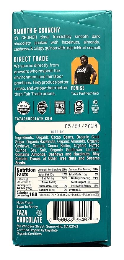 1 Taza Chocolate Organic Smooth & Crunchy Bars 70% Stone Ground, Triple Nut Crunch 2.5 Ounces (10 Count), Vegan