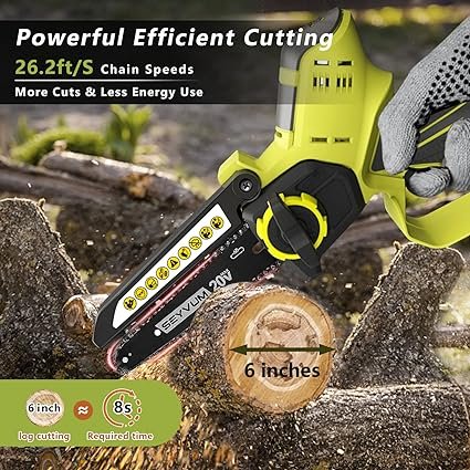 1 SEYVUM Mini Chainsaw Cordless, 6 Inch Portable Electric Cordless Chainsaw Tool-Free Installation[User Friendly], for Tree Trimming Branch Pruning Wood Cutting(2Pcs 2.0Ah Batteries& 2 Steel Chains)