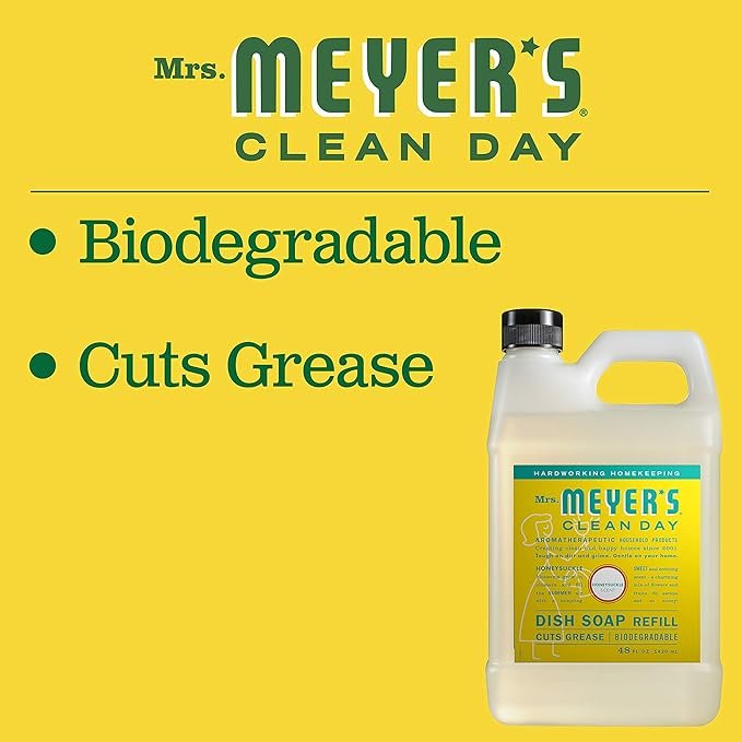 3 MRS. MEYER'S CLEAN DAY Liquid Dish Soap Refill, Biodegradable Formula, Honeysuckle, 48 fl. oz