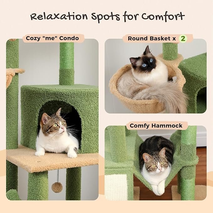1 PAWZ Road Cactus Cat Tree Floor to Ceiling Cat Tower with Adjustable Height(85-112 Inches), 7 Tiers Climbing Activity Center with Cozy Hammocks, 5 Platforms and Scratching Posts for Indoor Cats