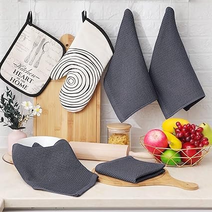 4 Homaxy 100% Cotton Waffle Weave Kitchen Towels, Super Soft Highly Absorbent Fast Drying Dish Cloths, 12x12 Inches, 6-Pack, Charcoal Gray