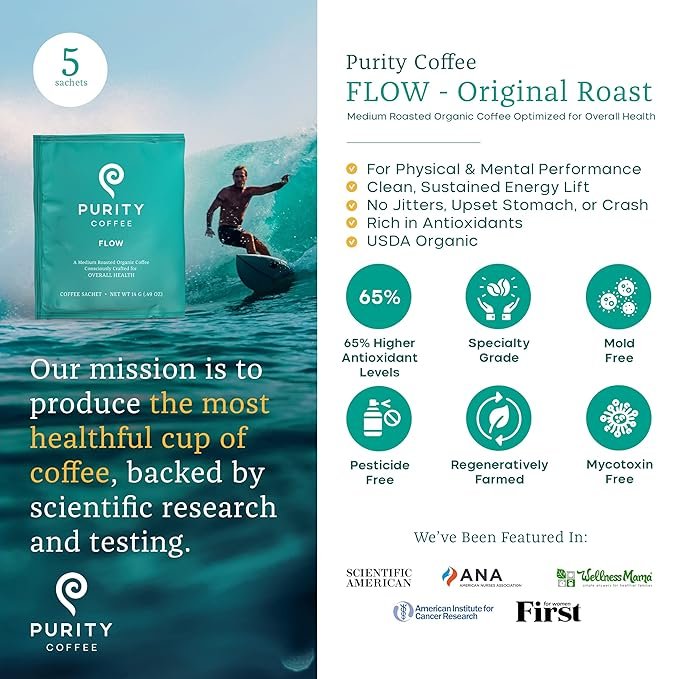 2 Purity Coffee FLOW Medium Roast Organic Coffee - USDA Certified Organic Specialty Grade Arabica Single-Serve Packets - Third Party Tested for Mold, Mycotoxins and Pesticides - 5 ct Box