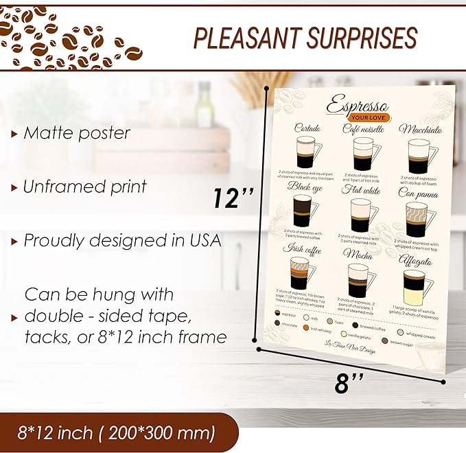 6 Ivory White Ceramic Espresso Cups Set of 4, Including Saucers - Includes a Complimentary Poster Displaying Various Espresso Drink Recipes - Contemporary Dishwasher Safe Coffee Cups - 3.5 oz Capacity Each - Presented in a Gift Box, Suitable for Any Event