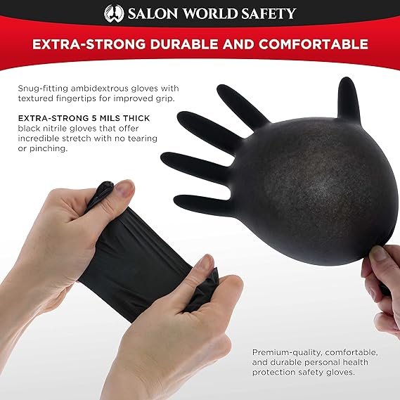 2 Salon World Protective Dark Nitrile Disposable Gloves, Box of 100, X-Large Size, 5.0 Mil Thickness - Free from Latex, Textured Grip, Suitable for Food Handling