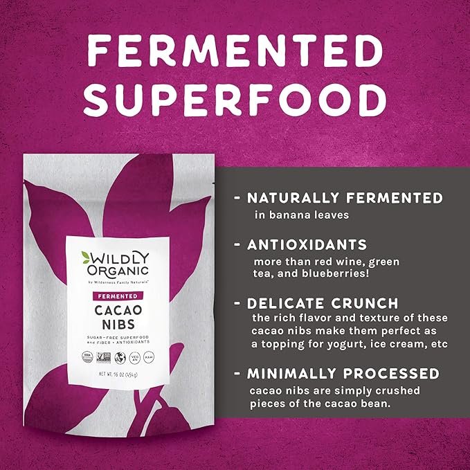 3 Wildly Organic Fermented Cacao Nibs 16 Oz, 1 lb Bag - Organic, Non-Alkalized, Minimally Processed, Raw, Non-GMO, Kosher, Vegan, Premium Rich Chocolate Flavor | Perfect in Smoothies, Yogurt, Oatmeal, Granola, Baking, Fruits, & Ice Cream