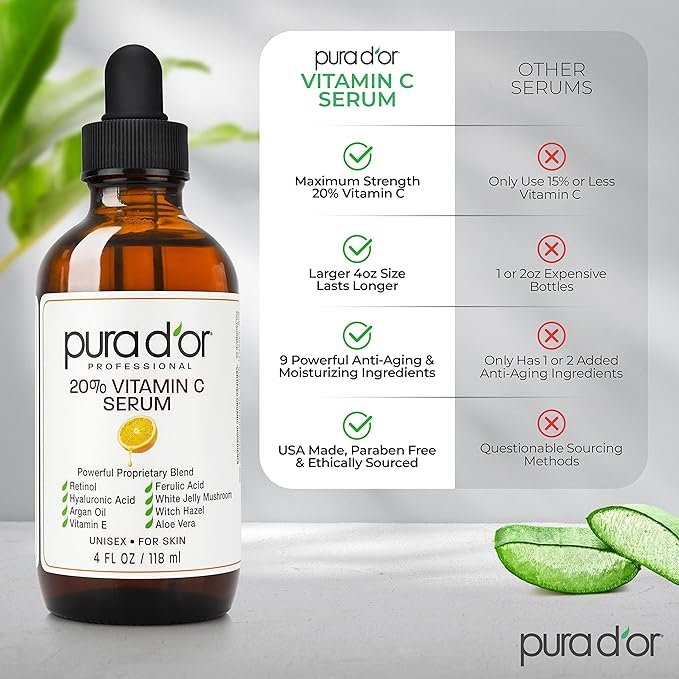 3 PURA D'OR 20% Vitamin C Serum (4oz BEST VALUE) Lightweight Maximum Strength Formula,Hyaluronic Acid,Retinol,Professional Grade Treatment For Face & Eyes,Dark Spots,Acne,Wrinkles,For Men & Women