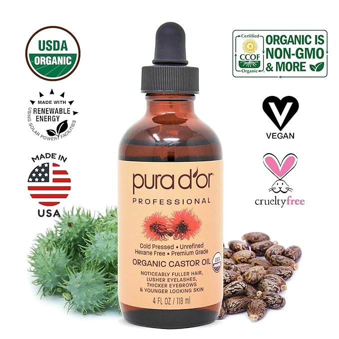 5 PURA D'OR Organic Castor Oil (4oz + 2 BONUS Pre-Filled Eyelash & Eyebrow Brushes) 100% Pure, Cold Pressed, Hexane Free Serum For Fuller, Thicker Lashes & Brows & Moisturizes Skin