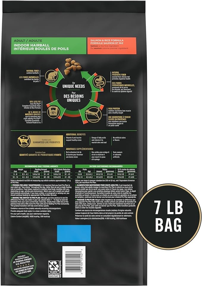 3 Purina Pro Plan Hairball Management, Indoor Cat Food, Salmon and Rice Formula - 7 lb. Bag