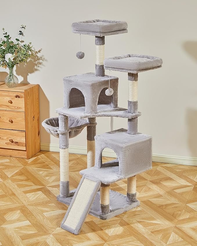 3 56.3-Inch Cat Tree, Cat Tower with Scratching Posts, Cat Tree House for Indoor Cats with hammocks, Toys, Condo and Large Scratch Board, Light Gray MS012W