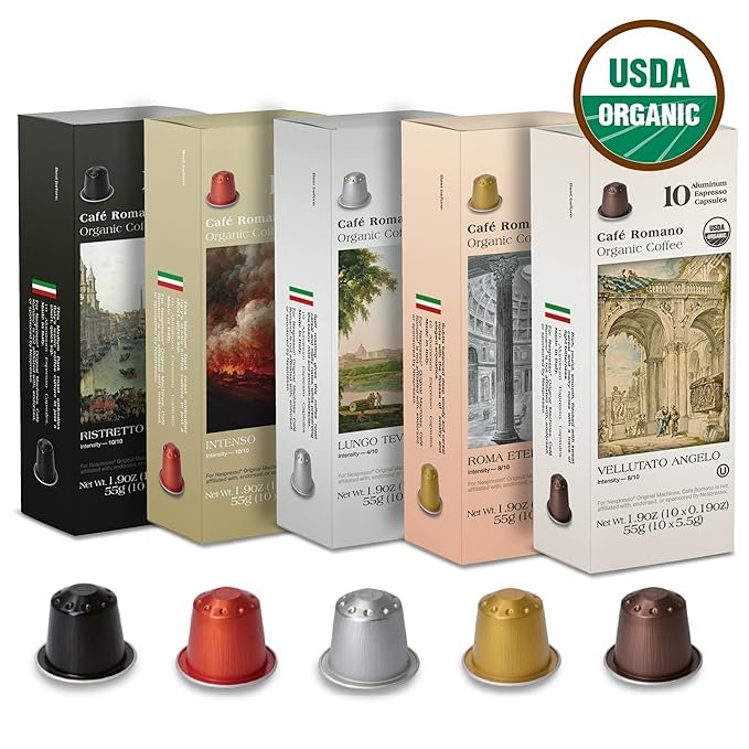 3 Organic USDA Café Romano Coffee Aluminum Espresso Pods For Nespresso Original Machine 100 Pack Italian Espresso Coffee (Variety pack)