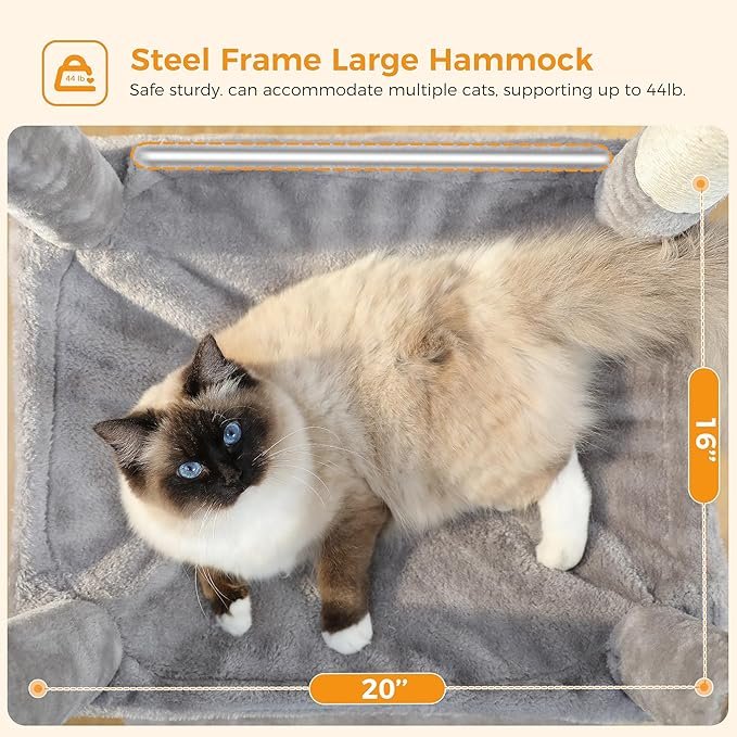 4 Cat Tree for Large Cats Adult with Metal Plush Big Hammock, 56.3" Cat TowerZ with 2 Door Condo House, 6-Tier Cat Shelves with Scratching Posts and Large Top Perch, Gray