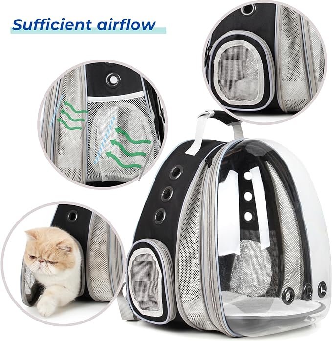 2 Lollimeow Bubble Expandable Cat Backpack Pet Travel Carrier for Cats and Dogs(Black-Front Expandable)