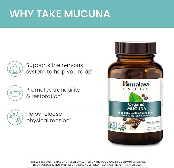 1 Himalaya Organic Mucuna/Pruriens Herbal Supplement, Supports Relaxation, Tension Relief, Brain Function, Non-GMO, USDA Organic, Vegan, Gluten Free, 600 mg, 60 Plant-Caplets, 60 Day Supply