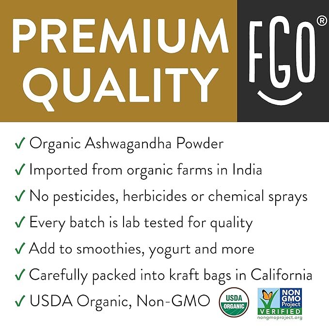 2 FGO Organic Ashwagandha Root Powder, Sourced from India, 16oz, Packaging May Vary (Pack of 1)