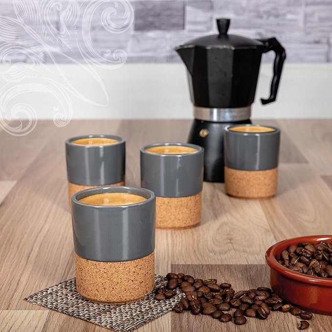 4 Set of 4 Gray Modern Ceramic Espresso Cups - Charming 4oz Coffee Mug with Detachable Cork Sleeve - Stacking Design - Handle-Free