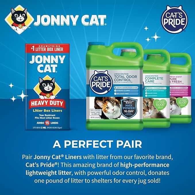 3 Jonny Cat Litter Box Liners: Heavy Duty - Tear & Leak Resistant - Drawstring Close - Jumbo, 15 Count
