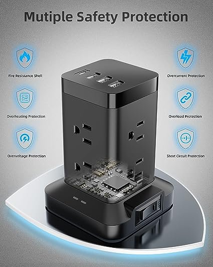 1 Surge Guard USB Power Station with 5ft Cable, Low-profile Plug, Multi-Outlet Bars, 8 AC Outlets, 1 Type-C Port, 3 Type-A Ports, USB Charging Station, Portable Size Ideal for Travel, Residential, Workspace (900J)
