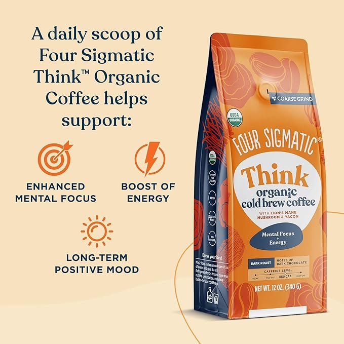 3 FOUR SIGMATIC Organic Cold Brew Coffee Grounds | Dark Roast, Fair Trade Coarse Grounds with Lion's Mane and Chaga | Cold Brew Mushroom Coffee for Crash-Free Focus | 12 oz Bag