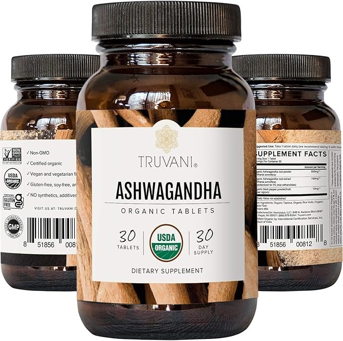4 Truvani Organic Ashwagandha | Daily Energy, Positive Mood Support, Supports Brain Health | Supports Muscle Growth and Endurance | Healthy Sleep Support | Non-GMO | 30 Day Supply