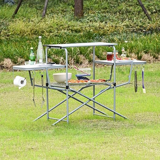 4 GYMAX Aluminum Folding Camping Table, Outdoor Grill Table with Side Table, Hooks & Carry Bag, Heavy Duty Picnic Table for Outdoor Backyard, Beach RVing Barbecue (Silver)