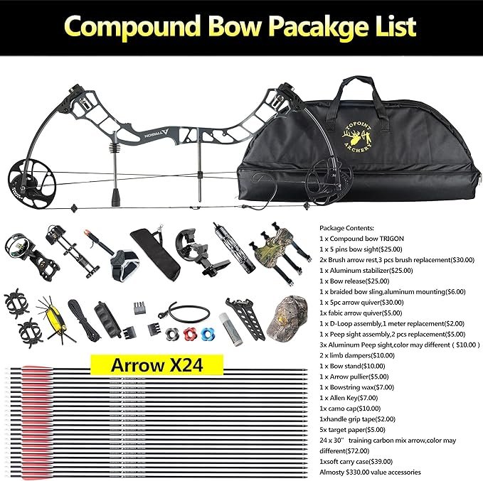 1 ToPoint Trigon Compound Bow Set, CNC Milled Riser, USA Gordon Limb, BCY String, Adjustable Draw Length (19-30), Adjustable Draw Weight (19-70 lbs), High Speed (IBO 320fps).