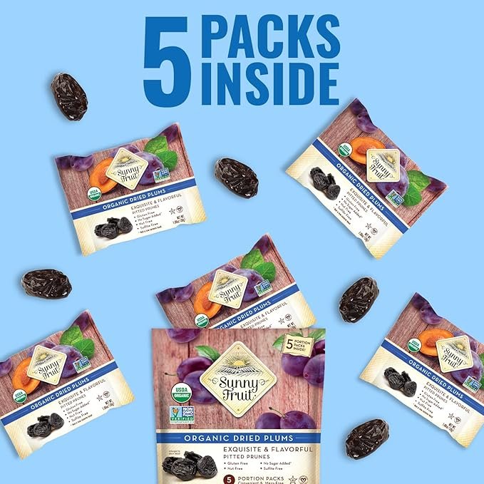 5 Sunny Fruit Soft Organic Prunes - 1 Bag (5 Individual Portion Packs) | Healthy, Convenient Dried Plums Snack Packs | ORGANIC, NON-GMO, VEGAN, HALAL, KOSHER, NO PRESERVATIVES, NO SUGAR ADDED