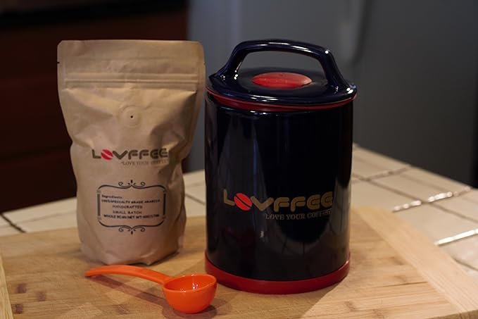 4 LOVFFEE Ceramic Coffee Canister (with Coffee Scoop): Holds 1 Pound of Coffee in Airtight Storage Container