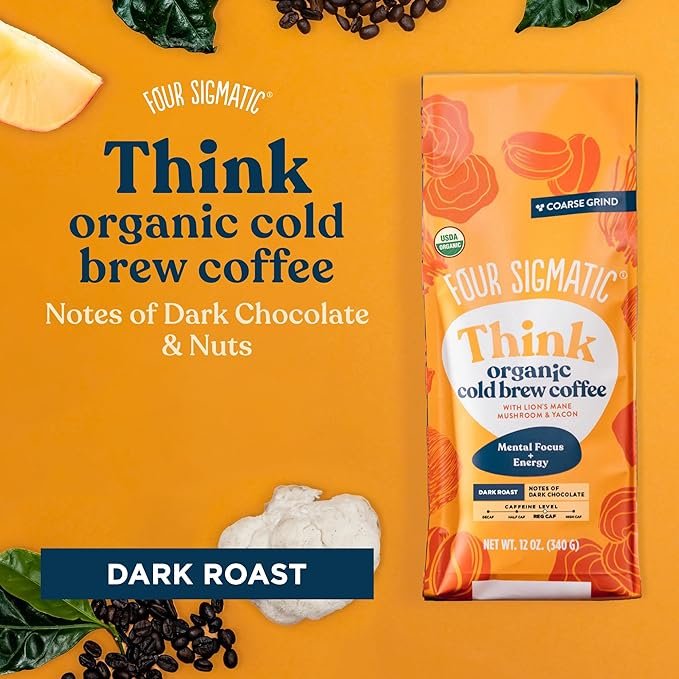 5 FOUR SIGMATIC Organic Cold Brew Coffee Grounds | Dark Roast, Fair Trade Coarse Grounds with Lion's Mane and Chaga | Cold Brew Mushroom Coffee for Crash-Free Focus | 12 oz Bag