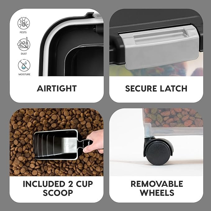 2 IRIS USA 30 lbs & 11 lbs Combo Airtight Dog Food Storage Container, Stackable Treat Box, 2-Cup Scoop, Casters, Keep Fresh, Easy Mobility, Black