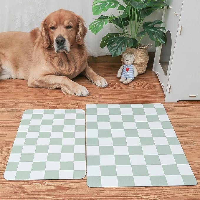 1 Ralxion Checkered Dog Feeding Mat, Absorbent Mats for Dog Food and Water Bowl, Dispenser, Retro Modern Aesthetic Sage Green Checkerboard Pet Placemat for Dogs, Cats, Puppy Accessories, 12" X19”