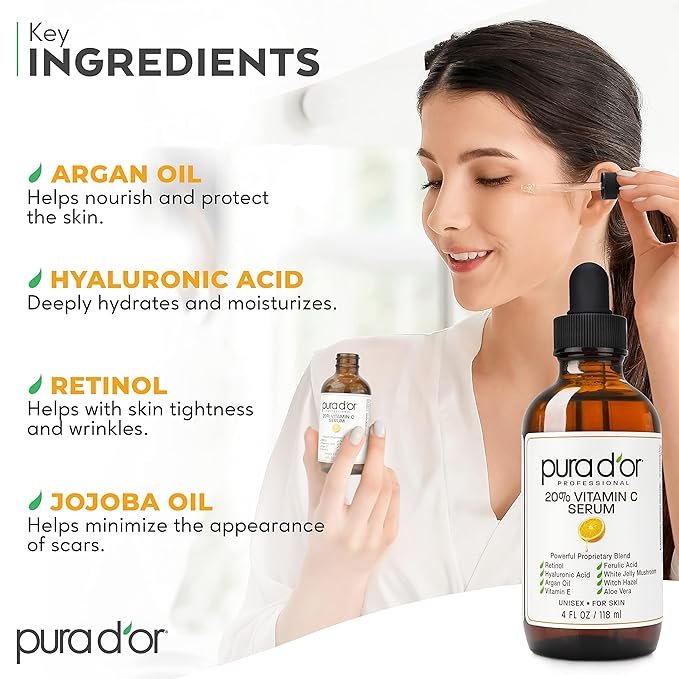 2 PURA D'OR 20% Vitamin C Serum (4oz BEST VALUE) Lightweight Maximum Strength Formula,Hyaluronic Acid,Retinol,Professional Grade Treatment For Face & Eyes,Dark Spots,Acne,Wrinkles,For Men & Women