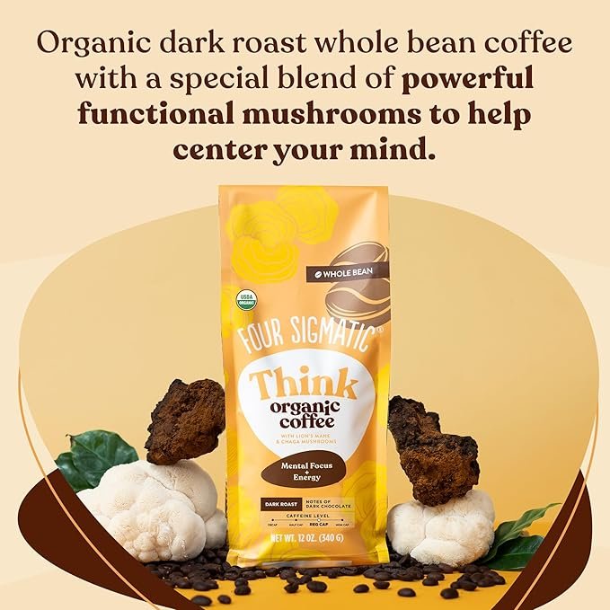 2 Dark Roast Organic Whole Bean Coffee by Four Sigmatic | Fair Trade Coffee Beans Coated with Lion's Mane, Chaga Mushrooms | Nootropic Mushroom Coffee for Enhanced Brain Function & Immune Support | 12oz
