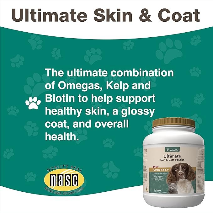 3 NaturVet Ultimate Skin & Coat Powder Pet Supplement for Dogs & Cats – Includes Omegas 3, 6, 9, Biotin, Vitamins – For Healthy Dog Coats, Cat Skin – Tasty Food Topper for Pets – 4 lbs.