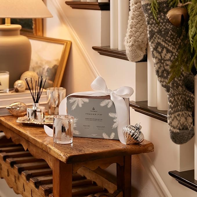 3 Thymes Frasier Fir Statement Candle and Diffuser Gift Set - Holiday Scented Candle & Diffuser with Notes of Siberian Fir, Cedarwood, and Sandalwood - Silver (4 fl oz Petite Diffuser + 5 oz Candle)