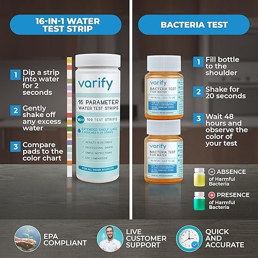 3 Premium Water Test Kit Plus - Comprehensive Home Water Quality Analysis - Includes 100 Strips + 2 Bacteria Tests - Ideal for Well and Tap Water - Convenient Screening for Lead, Bacteria, Hardness, Fluoride, pH, Iron, Copper, and other substances!