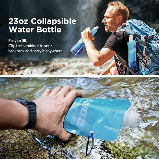 2 MS 23oz Foldable Water Bottle for Filter Straw, Reusable Pouch with Carabiner and Measurement, Portable Water Container for Outdoor Activities - 4 Pack