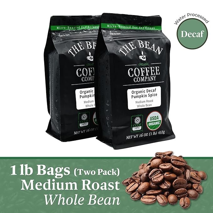 1 The Bean Organic Coffee Company Water Processed DECAF Pumpkin Spice, Medium Roast, Whole Bean Coffee, 16-Ounce Bags (Pack of 2)