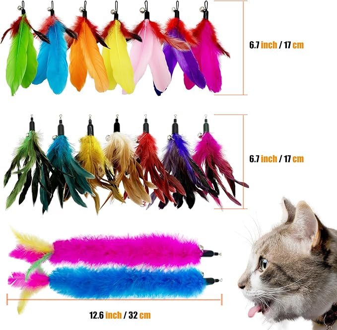 1 Cat Feather Toys Refill Cat Wand Replacement Feathers, 16 PCS Cat Toy Feather Refills, Cat Wand Attachments Feathers for Cat Toys