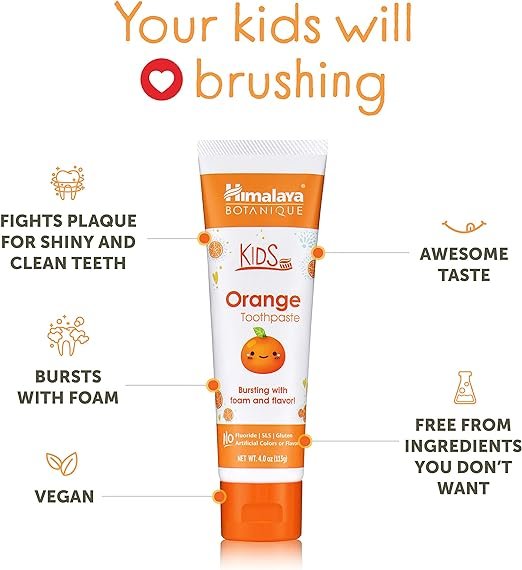 1 Himalaya Botanique Kids Toothpaste, Orange Flavor to Reduce Plaque and Keep Kids Brushing Longer, Fluoride Free, 4 oz