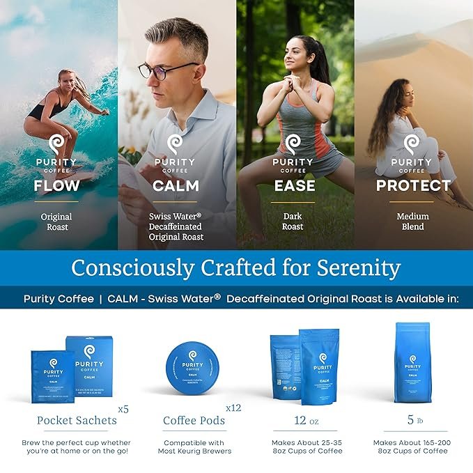 2 Purity Coffee CALM Decaf Medium Roast Whole Beans - USDA Certified Organic Specialty Grade Arabica Swiss Water Processed Decaffeinated - Third Party Tested for Mold, Mycotoxins, Pesticides - 5 lb Bag